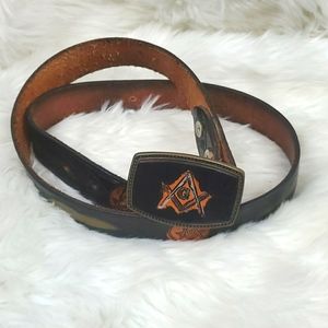 Vintage Masonic belt and buckle leather metal